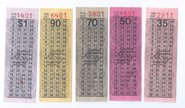 Set Of 5 Pcs. 70s' Singapore Bus Services SBS Old Bus Ticket 35¢ ,50¢ ,70¢ ,90¢ & $1 - Mondo