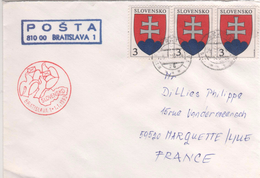 SLOVAQUIE 1993 - LETTRE POUR LA FRANCE, 3 BLASONS SLOVAQUE, CACHETS ROUGE ( COLOMBES, LETTRES, CARTE) BLEU BRATISLAVA - Storia Postale