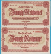 Sudetenland & Niederschlesien 2x 20 REICHSMARK 28.04.1945 SERIE AL 009026+27  P# 187  Reichsbank - Segunda Guerra Mundial