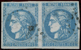 46Ad 20c. Bleu OUTREMER, T III, R I, PAIRE Obl., Nuance Certifiée Calves, TB - Autres & Non Classés