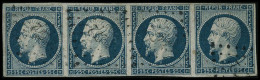 N°10 25c Bleu, Bande De 4, 1ex Fente Et 1ex Infime Pelurage - B - 1852 Louis-Napoléon
