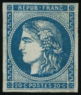 N°45B 20c Bleu, Type II R2, Petite Marge En Haut  Froissure De Gomme - B - 1870 Bordeaux Printing