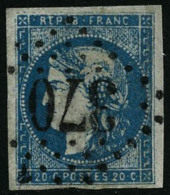 N°44B 20c Bleu Type I, R2 - TB - 1870 Bordeaux Printing