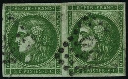 N°42Ba 5c Vert-jaune Foncé, Paire Obl GC Infime Pelurage Sur Un Ex - B - 1870 Bordeaux Printing