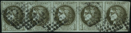 N°39Ca 1c Olive Clair R3, Bande De 5 Pelurage Sur 4 ème Timbre - B - 1870 Bordeaux Printing