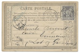 CARTE POSTALE  /  BORDEAUX POUR TONNEINS / 1877  /SAGES 15c GRIS - Precursor Cards