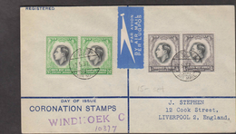 O) 1937 SOUTH AFRICA, CORONATION- KING GEORGE VI, MULTIPLE COVER REGISTERED XF-WINDHOEK, TO ENGLAND - Aéreo