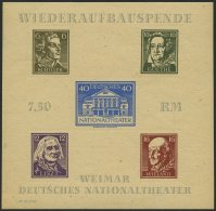 THÜRINGEN Bl. 3Bbya **, 1945, Block Nationaltheater, Durchstochen, Mi.Nr. 107 In Dunkelbraunoliv, Feinst, Fotoattes - Other & Unclassified