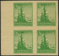 THÜRINGEN 94AXwU VB **, 1945, 5 Pf. Gelblichgrün, Vollgummierung, Ungezähnt, Im Randviererblock, Pracht, - Altri & Non Classificati