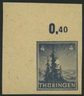 THÜRINGEN 93V1 **, 1946, Versuchsdruck: 4 Pf. Schwarzblaugrau, Vollgunmmierung, Ungezähnt, Obere Linke Bogenec - Other & Unclassified