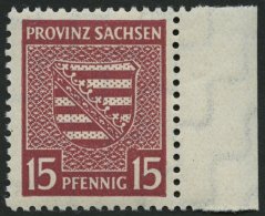 PROVINZ SACHSEN 80Xa **, 1945, 15 Pf. Mittellilakarmin, Wz. 1X, Rechtes Randstück, Pracht, Mi. 250.- - Autres & Non Classés