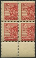 MECKLENBURG-VORPOMMERN 36zz VB **, 1946, 12 Pf. Rot, Dünnes Papier, Diagonal Genetzte Gummierung, Im Viererblock Vo - Sonstige & Ohne Zuordnung