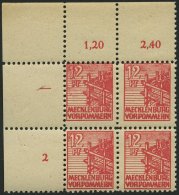 MECKLENBURG-VORPOMMERN 36zb VB **, 1946, 12 Pf. Rot, Dünnes Papier, Im Oberen Linken Eckrandviererblock, Dabei Plat - Sonstige & Ohne Zuordnung