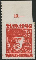 MECKLENBURG-VORPOMMERN 22b **, 1945, 12 Pf. Orangerot Faschismus, Oberrandstück, Zähnung Oben Nur Angedeutet, - Sonstige & Ohne Zuordnung