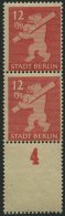 BERLIN UND BRANDENBURG 5AAwaxL **, 1945, 12 Pf. Mittelkarminrot, Graurosa Papier, Glatter Gummi, Im Senkrechten Paar, Un - Sonstige & Ohne Zuordnung