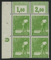 ALLIIERTE BES. 946DZ **, 1947, 10 Pf. Grün Mit Druckereizeichen 8 (negativ) Im Oberen Linken Eckrandviererblock, Pr - Other & Unclassified