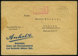 ALL. BES. GEBÜHR BEZAHLT KÖTHEN (ANHALT), 13.8.45, Roter R2 Gebühr Bezahlt, Brief Feinst - Other & Unclassified