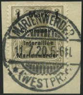 MARIENWERDER 22AIH BrfStk, 1920, 1 M. Auf 2 Pf. Mittelbraunoliv, Type AIH, Prachtbriefstück, Gepr. Dr. Klein, Mi. ( - Sonstige & Ohne Zuordnung