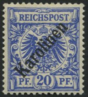 KAROLINEN 4I *, 1899, 20 Pf. Diagonaler Aufdruck, Falzreste, Pracht, Gepr. Bothe, Mi. 75.- - Carolines