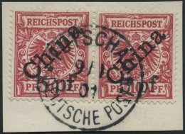DP CHINA 7IB Paar BrfStk, 1900, 5 Pf. Auf 10 Pf. Diagonaler Aufdruck Im Waagerechten Paar Auf Briefstück, Zentrisch - Deutsche Post In China