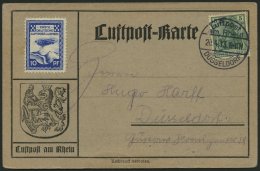 HALBAMTLICHE FLUGMARKEN 9 BRIEF, 1913, 10 Pf. Erste Deutsche Luftpost Am Rhein, Auf Luftpostkarte Mit 5 Pfg. Zusatzfrank - Luft- Und Zeppelinpost