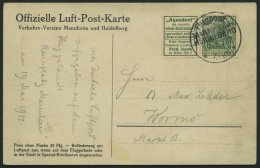 ZUSAMMENDRUCKE W 2.12 BRIEF, 1912, Aquadent + 5 Pf. Mit Flugpoststempel Mannheim-Heidelberg, Offizielle Luftpostkarte, R - Zusammendrucke