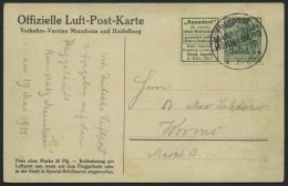 ZUSAMMENDRUCKE W 2.12 BRIEF, 1912, Aquadent + 5 Pf. Mit Flugpoststempel Mannheim-Heidelberg, Offizielle Luftpostkarte, R - Se-Tenant