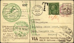 US-FLUGPOST 16.7.1931, Endres-Flug NEW YORK - BUDAPEST, 1 $ Private Sonderkarte Und 1 C. Zusatzfrankatur, Grüner So - 1c. 1918-1940 Briefe U. Dokumente