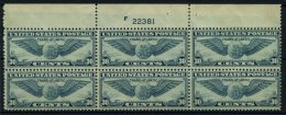 USA 450 *,** , Scott C 24, 1939, 30 C. Transatlantikflug New York-Marseille Im Sechserblock Mit Plattennummer, Oben Klei - Used Stamps