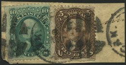 USA 19W,20W BrfStk, Scott 95/6, 1867, 5 C. Jefferson Und 10 C. Washington, Beide Waffeleinpressung, Zusammen Auf Briefst - Gebraucht