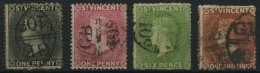 ST. VINCENT 8,13,11cX,32d O, 1871-86, 1 P. Grauschwarz, 1 Sh. Rotorange, 6 P. Gelbgrün, Wz. Stehend Und 1 P. Rosa, - St.Vincent (...-1979)