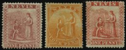 NEVIS 5,6,8 *, 1866/76, 1 P., 4 P. Und 1. P. Heilquelle, Falzreste, 3 Werte Feinst/Pracht - St.Kitts Und Nevis ( 1983-...)