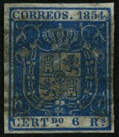 SPANIEN 30w O, 1854, 6 R. Blau, Dünnes Weißes Papier, Pracht, Mi. 300.- - Oblitérés