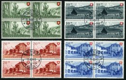 SCHWEIZ BUNDESPOST 508-11 VB O, 1948, Pro Patria In Viererblocks Mit Zentrischen Ersttagsstempeln, Prachtsatz - Used Stamps