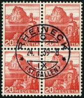 SCHWEIZ BUNDESPOST 327z VB O, 1938, 20 C. Dunkelrosa, Geriffelter Gummi, Im Zentrisch Gestempelten Viererblock, Pracht - Used Stamps