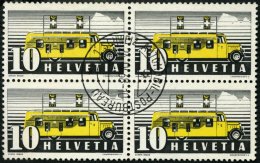 SCHWEIZ BUNDESPOST 311y VB O, 1937, 10 C. Postbus, Blaue Und Rote Fasern, Im Zentrisch Gestempelten Viererblock, Pracht - Gebraucht