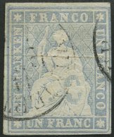 SCHWEIZ BUNDESPOST 18IIAyna O, 1857, 1 Fr. Bläulichgrau, Gelber Seidenfaden, Berner Druck II, (Zst. 27Db), Fotoatte - Used Stamps