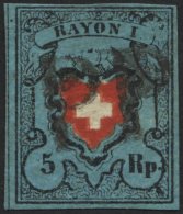 SCHWEIZ BUNDESPOST 7IIDDII O, 1850, 5 Rp. Schwarz/zinnoberrot Auf Blau, Ohne Kreuzeinfassung, Doppelter Rotdruck Des Wap - 1843-1852 Timbres Cantonaux Et  Fédéraux