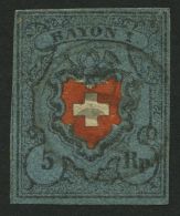 SCHWEIZ BUNDESPOST 7I O, 1850, 5 Rp. Schwarz/zinnoberrot, Mit Kreuzeinfassung, Type 20, Schwarzes P.P. Im Kreis, Helle S - Gebraucht