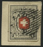 SCHWEIZ BUNDESPOST 3a BrfStk, 1851, 5 C. Grauschwarz/dunkelzinnoberrot, Sog. Neuenburg, Auf Briefstück (zur Kontrol - 1843-1852 Kantonalmarken Und Bundesmarken