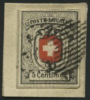 SCHWEIZ BUNDESPOST 3a BrfStk, 1851, 5 C. Grauschwarz/dunkelzinnoberrot, Sog. Neuenburg, Auf Briefstück (zur Kontrol - 1843-1852 Federal & Cantonal Stamps