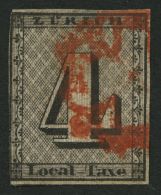 ZÜRICH 1I O, 1843, 4 Rp. Schwarz/dunkelbräunlichrot, Linienunterdruck Senkrecht, Type IV, Rote Rosette, Links - 1843-1852 Kantonalmarken Und Bundesmarken