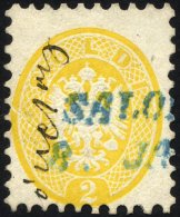 POST IN DER LEVANTE V 19 O, Vorläufer: 1864, 2 So. Gelb, Blauer L2 SALONICH Und Federzug, Belangloser Randknitter, - Eastern Austria