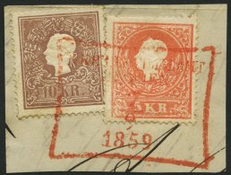 STERREICH 13/4II O, 1859, 5 Kr. Rot Und 10 Kr. Braun, Type II, Auf Prachtbriefstück Mit Rotem R5 K.K. BRIEF-FILIALA - Sonstige & Ohne Zuordnung