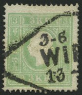 STERREICH 12b O, 1859, 3 Kr. Bläulichgrün, Stempel WIEN, Pracht, Fotobefund Dr. Ferchenbauer, Mi. 220.- - Sonstige & Ohne Zuordnung