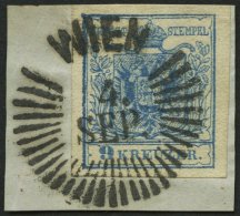 STERREICH 5Y BrfStk, 1854, 9 Kr. Blau, Maschinenpapier, Type IIIb, WZ-Teil, Sternstempel WIEN, Kabinettbriefstück - Sonstige & Ohne Zuordnung