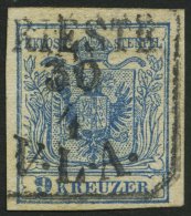 STERREICH 5Y O, 1854, 9 Kr. Blau, Maschinenpapier, Type IIIb, Schiffsstempel R4 TRIESTE V.L.A., Punkthelle Stelle, Prach - Sonstige & Ohne Zuordnung