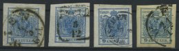 STERREICH 5X,Y O, 1850/4, 9 Kr. Blau, 4 Allseits Riesenrandige Prachtwerte - Sonstige & Ohne Zuordnung