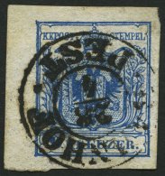 STERREICH 5X O, 1850, 9 Kr. Blau, Handpapier, Linkes Randstück, K2 BAHNHOF PEST, Pracht - Autres & Non Classés