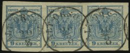 STERREICH 5X O, 1850, 9 Kr. Blau, Handpapier, Type IIIa, Im Waagerechten Dreierstreifen Mit Engen Waagerechten Abst&auml - Gebraucht